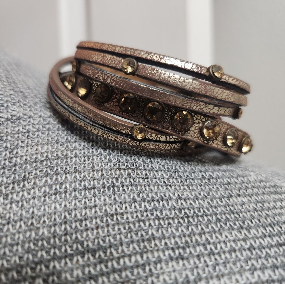 Gold and Brown Studded Bracelet Faux Leatjer Wrap Around Bracelet With Snap